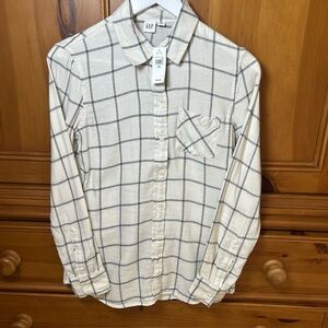 Gap Womens XS Windowpane Plaid White Navy Flannel Button Up Shirt Minimalist NWT